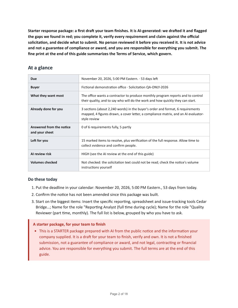 At a glance: The due date and days left, what the buyer wants most, what is already done for you, what is left, and the AI review risk.
