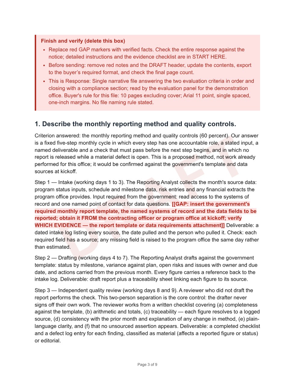 Red shows what needs attention: Missing evidence is marked in the relevant sentence. Short red directions explain what to add; detailed guidance stays in START HERE. Verify unmarked claims too.